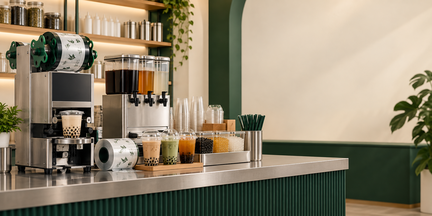 Bubble tea machines, cups and cafe supplies